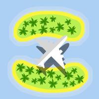 Plane flies over Islands with palm trees
