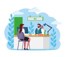 Bank manager consulting client about cash or deposit, credit operations. Banking employee, insurance agent sitting at desk with customer. Vector design