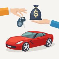 Buying new car. Hand holding automobile key and money bag. Vector design