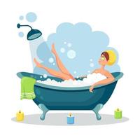 Happy woman taking bath in bathroom with towel. Wash head, hair, body, skin with shampoo, soap, sponge, water. Bathtub full of foam with bubbles. Hygiene, everyday routine, relax. Vector design