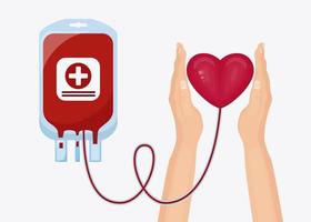 Blood bag and volunteer hand isolated on whit background. Donation, transfusion in medicine laboratory concept. Pack of plasma with heart. Save patient life. Vector flat design