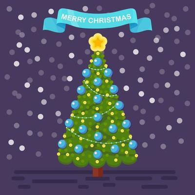 Decorated christmas tree with star, lights, decoration balls. Merry Christmas and happy new year concept. Vector design