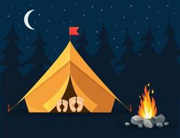 paisaje nocturno con carpa, fogata, bosque. campamento de verano, turismo de naturaleza. concepto de camping o senderismo. diseño vectorial vector