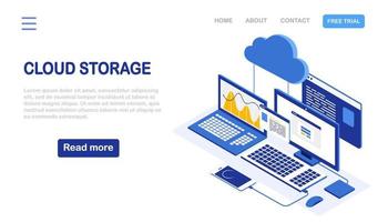 Cloud storage technology. Data backup. Isometric laptop, computer with phone. Hosting service. Vector design