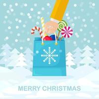 Human hand hold shopping bags with candy, lollipops and snowflakes. Christmas, new year sale. Vector design