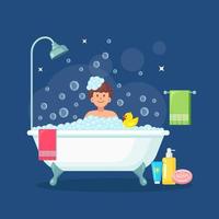 Man taking bath in bathroom with rubber duck. Wash hair, body. Bathtub full of foam with bubbles. Vector design