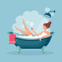 Happy woman taking bath in bathroom with rubber duck. Wash head, hair, body, skin with shampoo, soap, sponge, water. Bathtub full of foam with bubbles. Hygiene, everyday routine, relax. Vector design