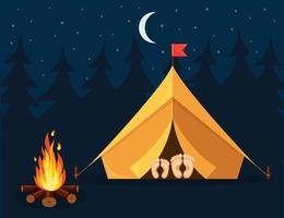 Night landscape with tent, campfire, forest. Summer camp, nature tourism. Camping or hiking concept. Vector design