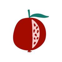 Cut pomegranate with green leaf and red seeds in cartoon flat style on white background. Vector illustration of colorful fresh fruit.