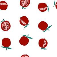 patrón vectorial sin costuras con frutas de granada en estilo plano de dibujos animados sobre fondo blanco. papel pintado de frutas frescas y coloridas para diseño textil, papel de regalo. vector