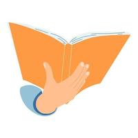 Hands with book in cartoon flat style. Concept of World book day, studying, learning . Vector illustration of open dictionary, encyclopedias, planner