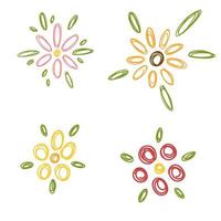 flores simples dibujadas a mano en estilo de garabato de dibujos animados. ilustración vectorial de flores y hojas de naturaleza botánica. vector