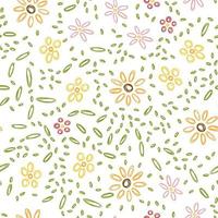 Seamless childish pattern with doodle flowers on white background. Vector illustration of spring texture for fabric, wrapping, textile, wallpaper, apparel.