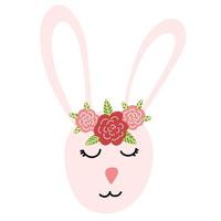 Cute bunny face with flowers in cartoon flat style isolated on white background. Easter rabbit character for print, kids design. Vector illustration of sweet animal snout.