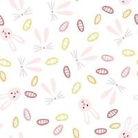 Easter egg and bunny seamless pattern in hand drawn cartoon childish style. Colorful vector illustration of spring holiday background.