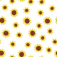 Botanical floral seamless pattern with cartoon flat sunflower on white background, for textile, wrapping. Summer wallpaper. vector