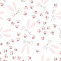 Seamless pattern with hand drawn easter bunny and paw prints in cartoon flat style on white background. Vector illustration of spring texture with cute rabbit ear, nose, mustache and footprint.