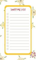 Vector shopping list template with floral background. Memo pages, to do, daily planner.