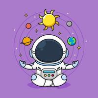 cute astronaut meditate with galaxy background vector