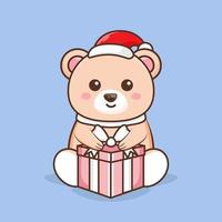 personaje oso rosa con regalo para vector de navidad