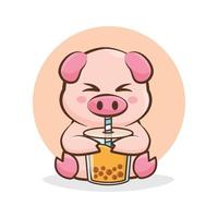 character pig drinking boba drink vector