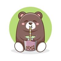 character bear drinking boba drink vector