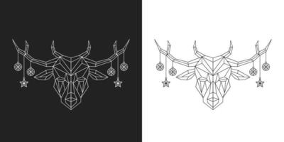 monocromo, cabeza, de, reno, con, cuerno, tenencia, ornamento, navidad vector