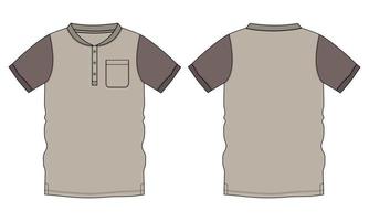 camiseta de manga corta de color caqui de dos tonos con vistas frontal y posterior de la plantilla de ilustración vectorial de boceto plano de moda técnica general de bolsillo. vector