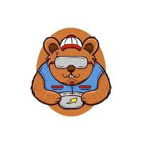 castor oso fpv drone piloto logo icono mascota ilustración cuco animal dibujos animados personaje vector