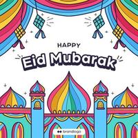 feliz idul fitri eid mubarak saludo del día de la religión islámica con colorida ilustración de mezquita vector