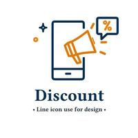 Simple and modern design discount icon concept isolated on white background.  Promotional Megaphone symbol, vector illustration for web and mobile applications.  Vector illustration