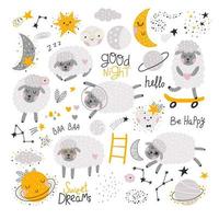 Set with sheeps, moons, comrts, stars, planets. Vector hand drawn illustration.