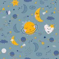 Seamless pattern with moon, comets, planets and stars . Fabric print. Vector illustration.