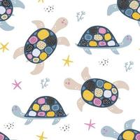 Seamless pattern with cute turtles. Kids print. Vector hand drawn illustration.
