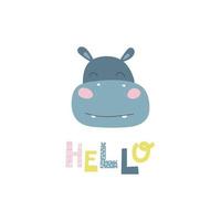 Card with hippo. Kids print. Vector hand drawn illustration.