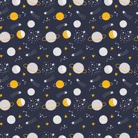 Seamless pattern with moon, comets, planets and stars . Fabric print. Vector illustration.