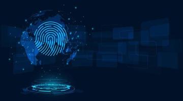 Fingerprint identity sensor.Data protection system.podium hologram blue light and concept. vector