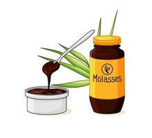 Molasses bottle. A product made from sugar cane. A bowl with a spoon and syrup on a white isolated background. Vector illustration.