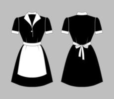 Black maid's uniform with a white apron, collar and cuffs. Front and rear view. Vector illustration of an isolated background