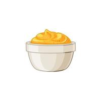 Mustard sauce bowl on white isolated background. Delicious seasoning. Vector cartoon illustration.