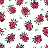 Ripe raspberries and leaves on a white background seamless pattern. Juicy vector background.