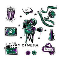 Vintage movie camera, popcorn, reel with tape sketch  on a white isolated background. Set cinema. Vector illustration