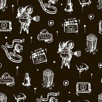 Cinema seamless pattern with vintage camera, popcorn, clapper  , 3d glasses. Black and white. Hand-drawn vector vintage background