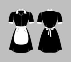 Maid uniform women clothing is black with a white apron, collar and cuffs. Front and rear view. Vector illustration.