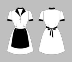 Maid uniform front and back view. White women's clothing with a black apron, collar and cuffs. Vector illustration.