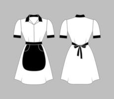 Maid uniform front and back view. Women's clothing with a black apron, collar and cuffs. Vector illustration.