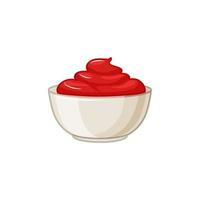 Ketchup sauce bowl on white insulated background. Seasoning in a sauce pan. Vector cartoon illustration