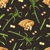 Sugarcane stems and leaves, a bag of sugar seamless pattern. Vector illustration.