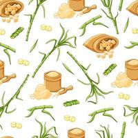 Sugar cane seamless pattern on a white background. Stems, leaves, brown sugar in a cartoon-style bag. Vector background