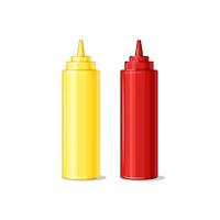 Bottles with ketchup and mustard on a white isolated background. Sauces. Vector cartoon illustration.